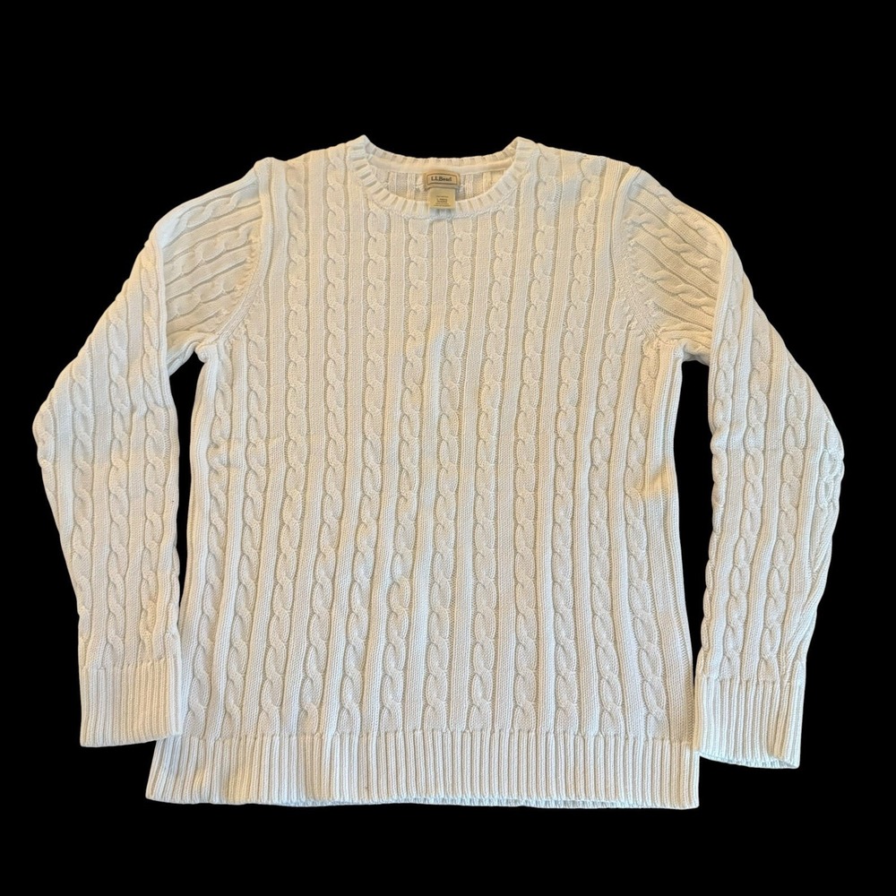 LL Bean Sweater Womens Large 100% Cotton Cableknit Fisherman White Crewneck